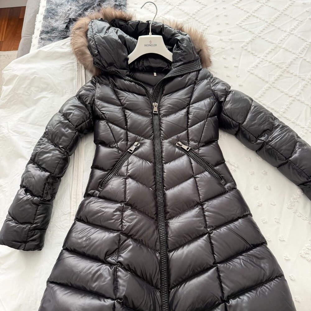 Moncler Black Shiny Puffer with Fur Trim Hood, Size 0